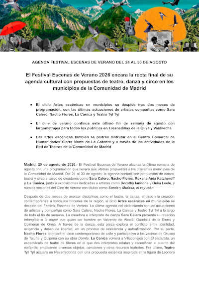Escenas de Verano encara su recta final con teatro, danza y circo en la Comunidad de Madrid Escenas de Verano encara su recta final con teatro, danza y circo en la Comunidad de Madrid
