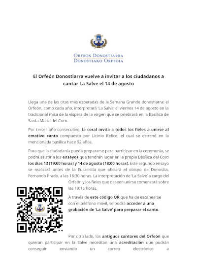 El Orfeón Donostiarra invita a cantar La Salve el 14 de agosto El Orfeón Donostiarra invita a cantar La Salve el 14 de agosto