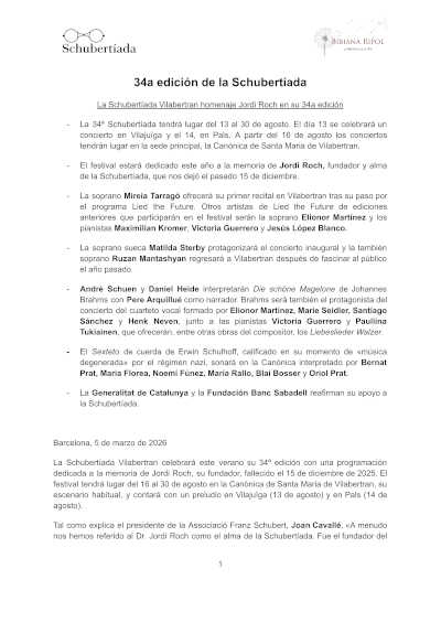 La Schubertíada de Vilabertran 2026 homenajea a Jordi Roch