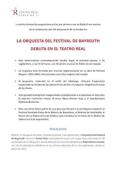 La Orquesta del Festival de Bayreuth debuta en el Teatro Real con Pablo Heras-Casado La Orquesta del Festival de Bayreuth debuta en el Teatro Real con Pablo Heras-Casado