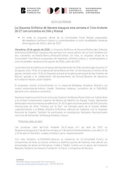 La OSN abre el Ciclo Andante 26-27 en Olite y Roncal
