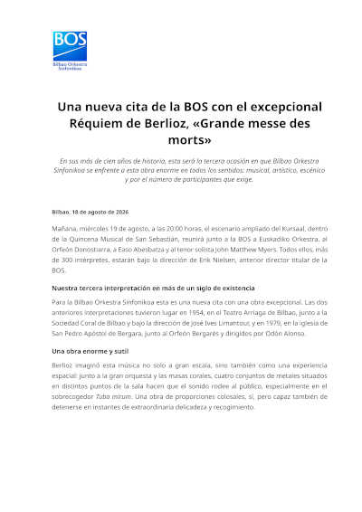 La BOS aborda el monumental Réquiem de Berlioz en la Quincena Musical La BOS aborda el monumental Réquiem de Berlioz en la Quincena Musical