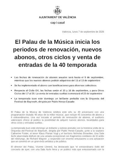 El Palau de la Música de València celebra 40 años con su temporada 2026/27 El Palau de la Música de València celebra 40 años con su temporada 2026/27