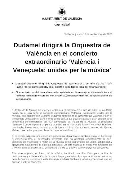 Gustavo Dudamel dirigirá la Orquestra de València con Pacho Flores Gustavo Dudamel dirigirá la Orquestra de València con Pacho Flores