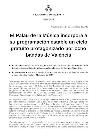 El Palau de la Música incorpora un ciclo estable con ocho bandas de València El Palau de la Música incorpora un ciclo estable con ocho bandas de València