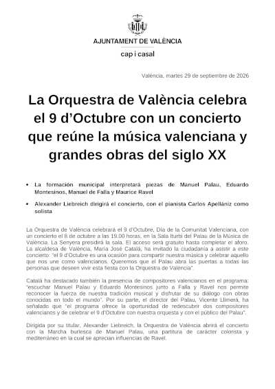 La Orquestra de València celebra el 9 d’Octubre con Palau, Montesinos, Falla y Ravel La Orquestra de València celebra el 9 d’Octubre con Palau, Montesinos, Falla y Ravel
