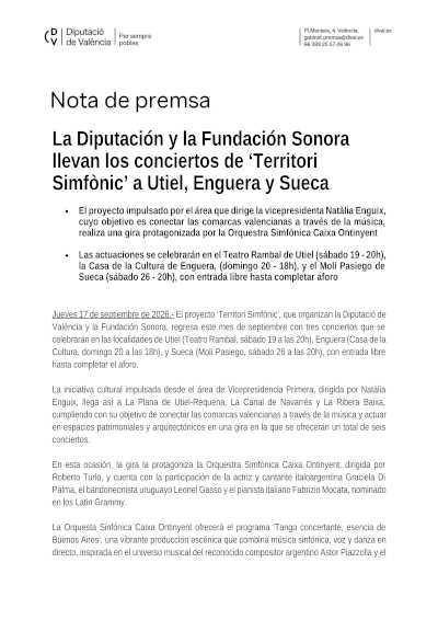 Territori Simfònic llega a Utiel, Enguera y Sueca Territori Simfònic llega a Utiel, Enguera y Sueca