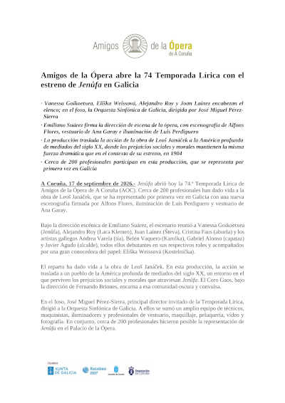 Jenůfa se estrena en Galicia y abre la 74.ª Temporada Lírica de A Coruña