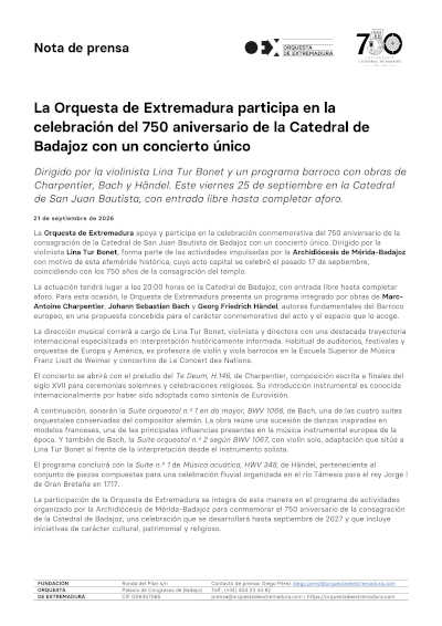 La OEX celebra los 750 años de la Catedral de Badajoz con Lina Tur Bonet La OEX celebra los 750 años de la Catedral de Badajoz con Lina Tur Bonet