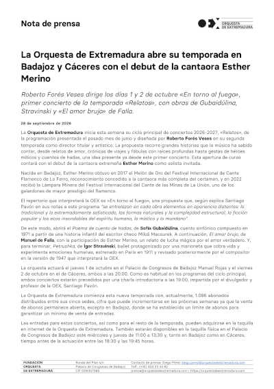 La Orquesta de Extremadura abre temporada con Esther Merino La Orquesta de Extremadura abre temporada con Esther Merino