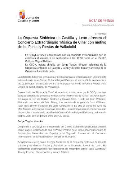 La OSCyL abre temporada con música de cine con Jorge Yagüe