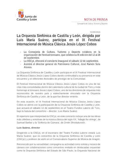 La OSCyL inaugura en Toro el IX Festival Jesús López Cobos La OSCyL inaugura en Toro el IX Festival Jesús López Cobos