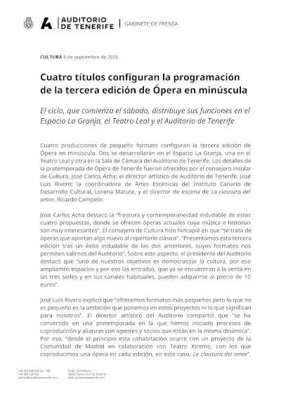 Ópera en minúscula presenta cuatro títulos contemporáneos en Tenerife Ópera en minúscula presenta cuatro títulos contemporáneos en Tenerife
