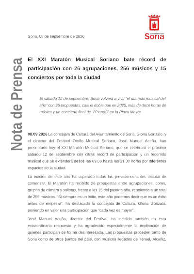 El XXI Maratón Musical Soriano reunirá a 256 músicos El XXI Maratón Musical Soriano reunirá a 256 músicos