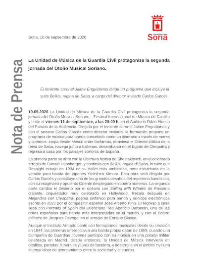 La Unidad de Música de la Guardia Civil llega al Otoño Musical Soriano La Unidad de Música de la Guardia Civil llega al Otoño Musical Soriano