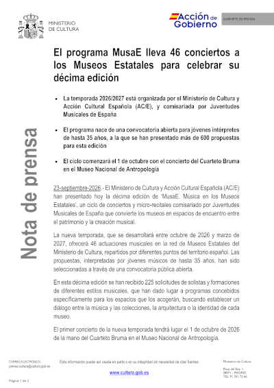 MusaE 2026/2027 presenta su nueva temporada en los Museos Estatales MusaE 2026/2027 presenta su nueva temporada en los Museos Estatales