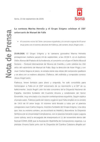 Marina Heredia y Grupo Enigma celebran los 150 años de Falla en Soria Marina Heredia y Grupo Enigma celebran los 150 años de Falla en Soria
