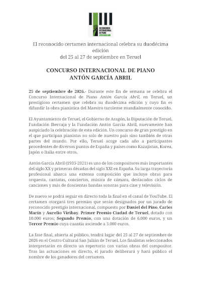 El Concurso Internacional de Piano Antón García Abril celebra su XII edición en Teruel El Concurso Internacional de Piano Antón García Abril celebra su XII edición en Teruel