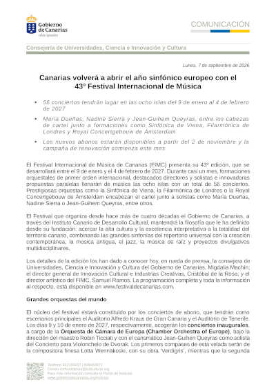 El 43.º Festival Internacional de Música de Canarias ofrecerá 56 conciertos El 43.º Festival Internacional de Música de Canarias ofrecerá 56 conciertos