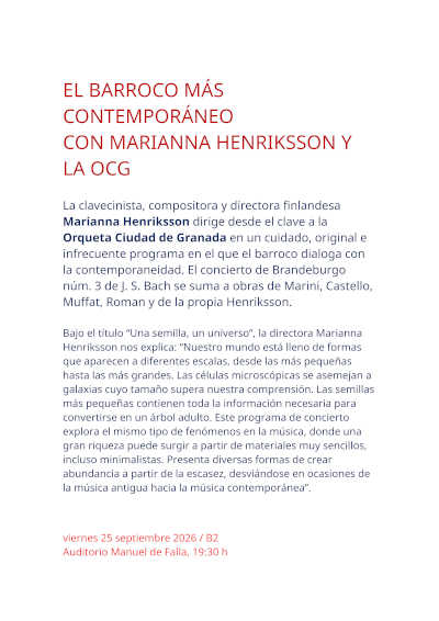 Marianna Henriksson dirige a la OCG en un diálogo entre barroco y música contemporánea Marianna Henriksson dirige a la OCG en un diálogo entre barroco y música contemporánea