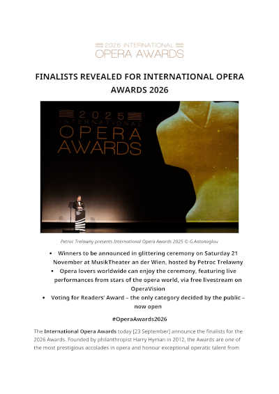 Teatro Real, finalista en cuatro categorías de los International Opera Awards 2026