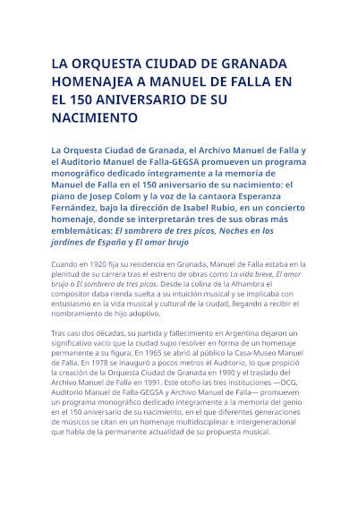 La Orquesta Ciudad de Granada homenajea a Manuel de Falla en su 150 aniversario