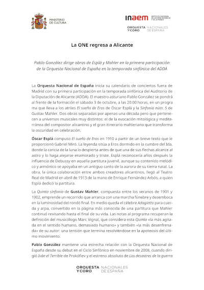 La Orquesta Nacional de España regresa a Alicante con Pablo González, Esplá y Mahler La Orquesta Nacional de España regresa a Alicante con Pablo González, Esplá y Mahler