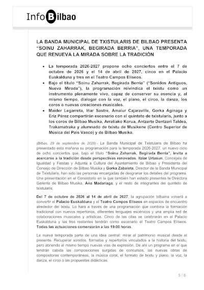 La Banda Municipal de Txistularis de Bilbao presenta su temporada 2026-2027 La Banda Municipal de Txistularis de Bilbao presenta su temporada 2026-2027