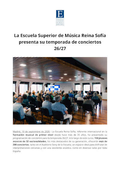 Temporada 2026/27 de la Escuela Reina Sofía: más de 300 conciertos Temporada 2026/27 de la Escuela Reina Sofía: más de 300 conciertos