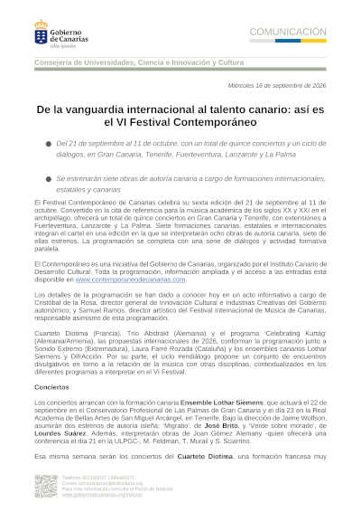 El VI Festival Contemporáneo de Canarias reúne 15 conciertos y siete estrenos El VI Festival Contemporáneo de Canarias reúne 15 conciertos y siete estrenos