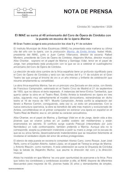 Marina celebra en Córdoba el 40 aniversario del Coro de Ópera de Córdoba