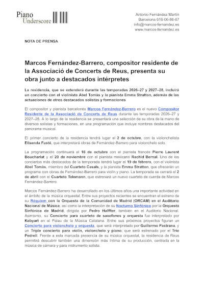 Marcos Fernández-Barrero, compositor residente de la Associació de Concerts de Reus Marcos Fernández-Barrero, compositor residente de la Associació de Concerts de Reus