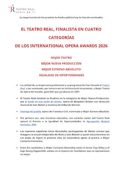 Teatro Real, finalista en cuatro categorías de los International Opera Awards 2026