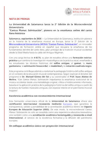 La USAL lanza la 2.ª edición de «Cantus Planus: Solmisación» La USAL lanza la 2.ª edición de «Cantus Planus: Solmisación»