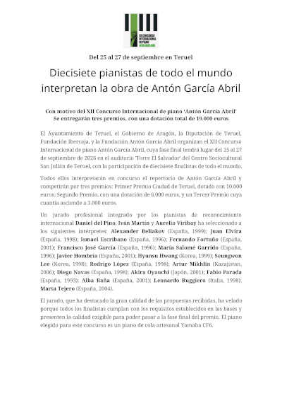 17 pianistas compiten en el Concurso Antón García Abril 2026 17 pianistas compiten en el Concurso Antón García Abril 2026