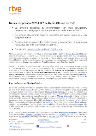 Radio Clásica presenta su temporada 2026-2027 con 70 programas