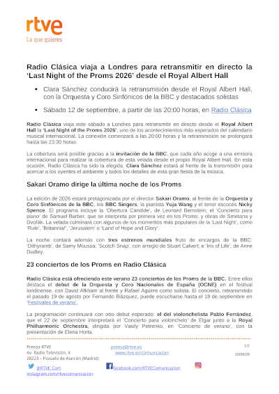 Radio Clásica retransmite en directo la Last Night of the Proms 2026 Radio Clásica retransmite en directo la Last Night of the Proms 2026