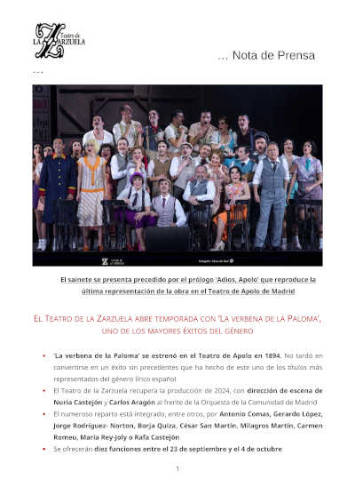 La verbena de la Paloma abre temporada en el Teatro de la Zarzuela La verbena de la Paloma abre temporada en el Teatro de la Zarzuela