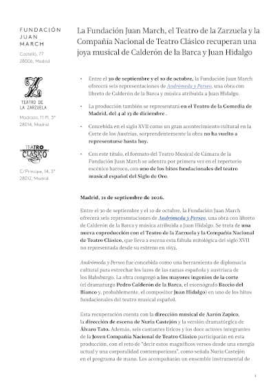 La Fundación Juan March recupera Andrómeda y Perseo de Calderón La Fundación Juan March recupera Andrómeda y Perseo de Calderón