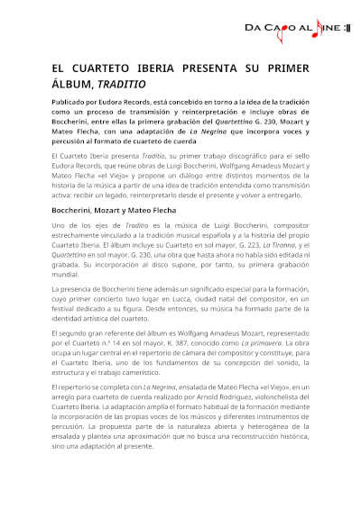 Cuarteto Iberia debuta en disco con Traditio: Boccherini, Mozart y Mateo Flecha Cuarteto Iberia debuta en disco con Traditio: Boccherini, Mozart y Mateo Flecha