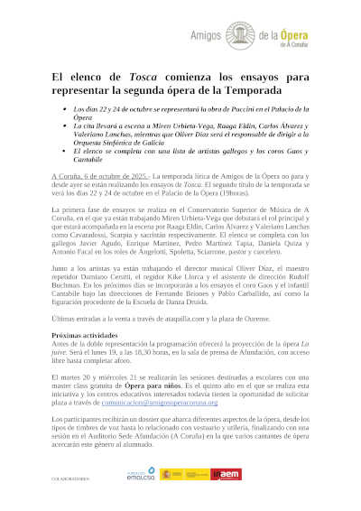 Tosca comienza sus ensayos para la Temporada Lírica de A Coruña Tosca comienza sus ensayos para la Temporada Lírica de A Coruña