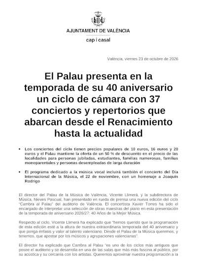 El Palau de la Música de València celebra su 40 aniversario con 37 conciertos de cámara El Palau de la Música de València celebra su 40 aniversario con 37 conciertos de cámara