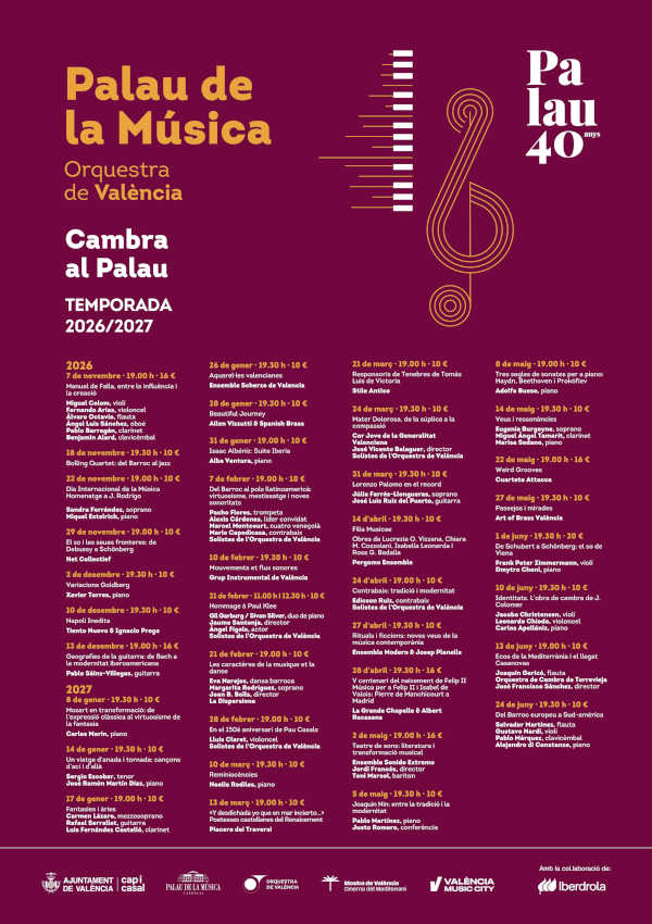 El Palau de la Música de València celebra su 40 aniversario con 37 conciertos de cámara El Palau de la Música de València celebra su 40 aniversario con 37 conciertos de cámara
