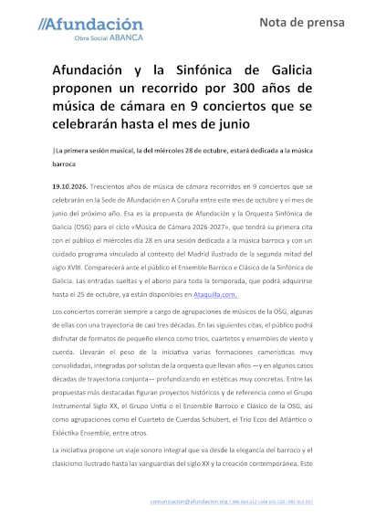 Actualizada: La Sinfónica de Galicia y Afundación presentan nueve conciertos de cámara Actualizada: La Sinfónica de Galicia y Afundación presentan nueve conciertos de cámara