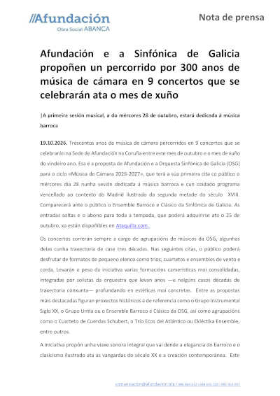 Actualizada: La Sinfónica de Galicia y Afundación presentan nueve conciertos de cámara Actualizada: La Sinfónica de Galicia y Afundación presentan nueve conciertos de cámara