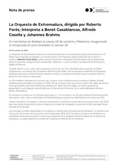 La Orquesta de Extremadura reúne a Casablancas, Casella y Brahms La Orquesta de Extremadura reúne a Casablancas, Casella y Brahms