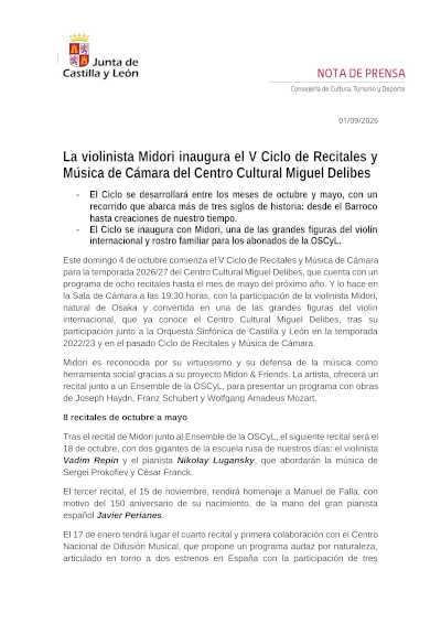 Midori inaugura el V Ciclo de Recitales y Música de Cámara del Centro Cultural Miguel Delibes