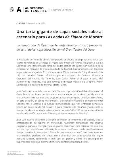 Le nozze di Figaro abre la temporada de Ópera de Tenerife