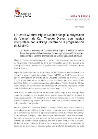 La OSCyL interpretará en directo la banda sonora de ‘Vampyr’ en la 71ª SEMINCI La OSCyL interpretará en directo la banda sonora de ‘Vampyr’ en la 71ª SEMINCI
