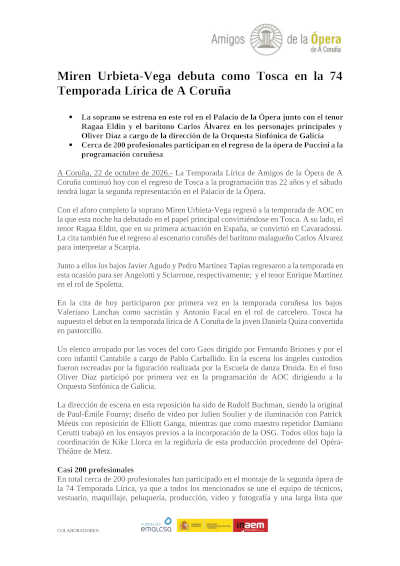 Miren Urbieta-Vega debuta como Tosca en la Temporada Lírica de A Coruña Miren Urbieta-Vega debuta como Tosca en la Temporada Lírica de A Coruña